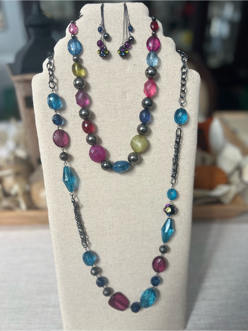 Multicolor Acrylic Bead Double Necklace and Earrings Set in gunmetal finish